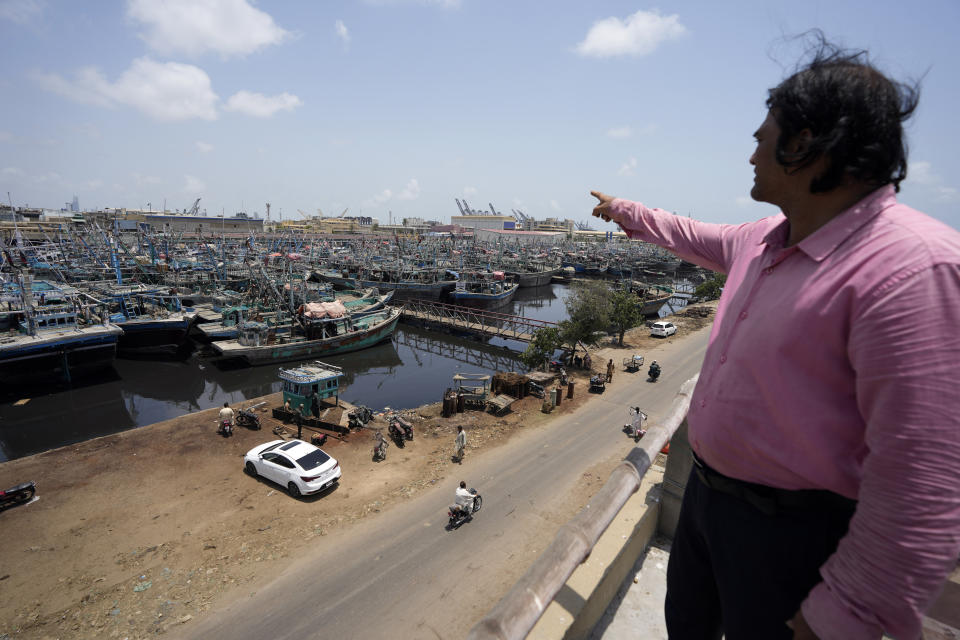 CORRECTS CYCLONE NAME- Fishing boats are anchored at a fishing harbor following authorities alerting fishermen of Cyclone Biparjoy, in Karachi, Pakistan, Saturday, June 10, 2023. India and Pakistan are bracing for the first severe cyclone this year expected to hit their coastal regions later this week, as authorities halted fishing activities and deployed rescue personnel. From the Arabian Sea, Cyclone Biparjoy is aiming at Pakistan’s Sindh province and the coastline of the western Indian state of Gujarat. (AP Photo/Fareed Khan)