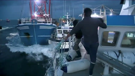 French and British fishing boats collide during scrap in English Channel over scallop fishing rights, August 28, 2018 in this still image taken from a video. France 3 Caen/via REUTERS