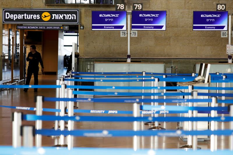 FILE PHOTO: Empty El Al Israel Airlines check-in counters are seen at Ben Gurion International airport in Lod, near Tel Aviv, Israel