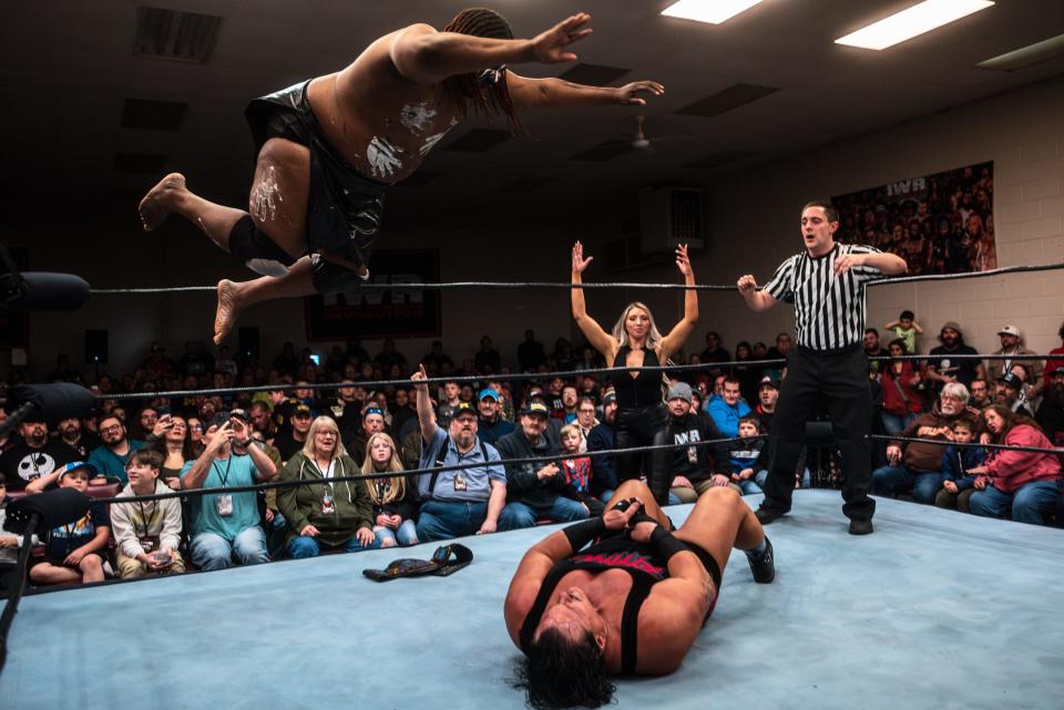 IWR Superstar Papa Dingo delivers a top rope splash to IWR World Heavyweight Champion The Manbeast Rhino at IWR 27-Vengenance. During their title match, Rhino walked away victorious.