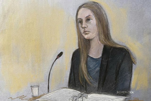 <p>Press Association via AP Images</p> A court sketch of Lucy Letby giving evidence during her retrial at Manchester Crown Court in June 2024