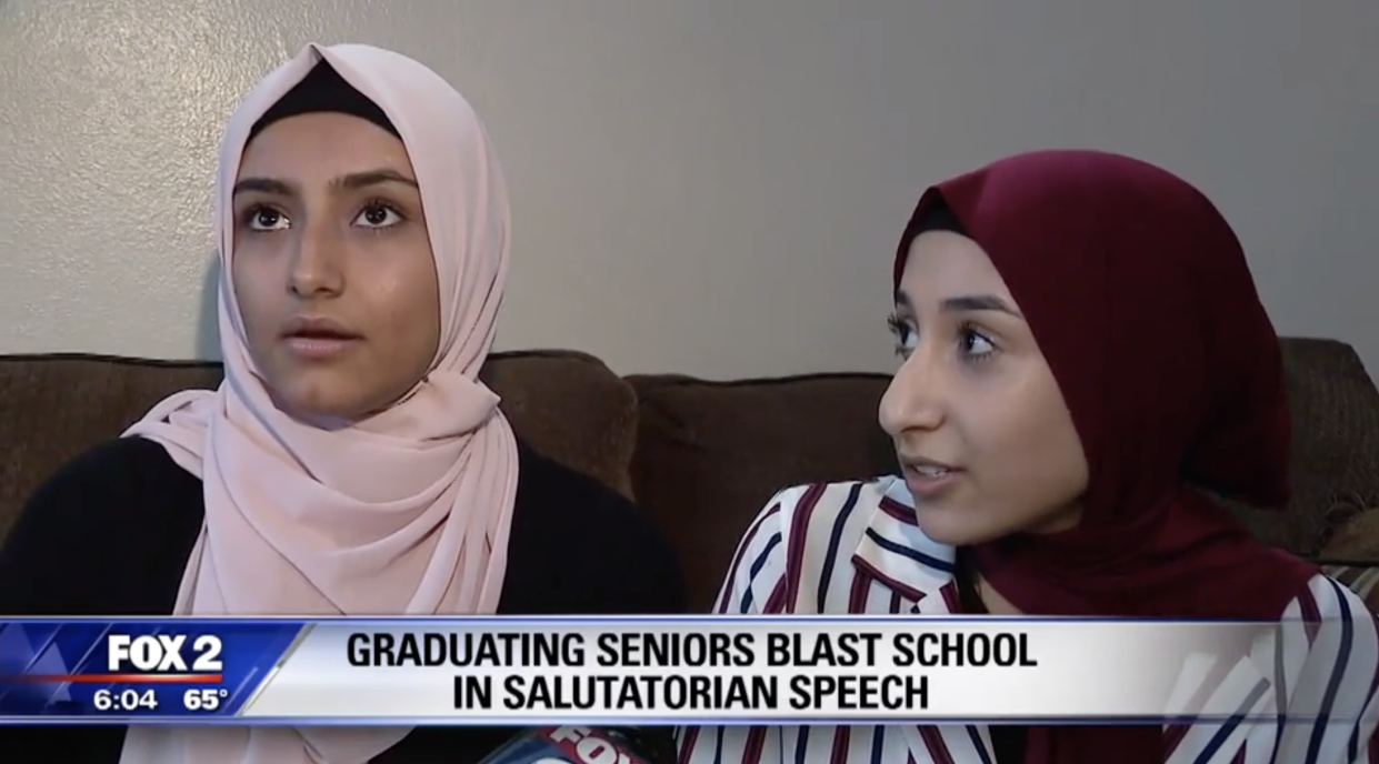 Senior students Zainab Atalagni and Tuhfa Kasem slammed their Detroit, Michigan high schools during their graduation ceremonies. (Screenshot: Fox 2 Detroit)