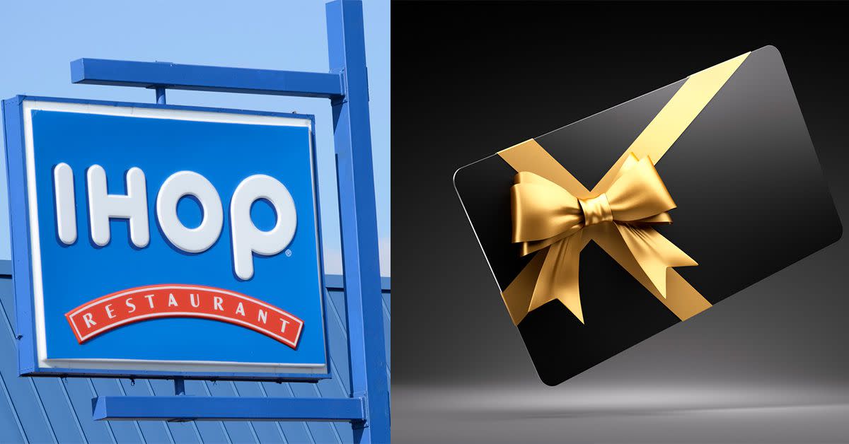 A black colored gift card in a gold ribbon next to a picture of an IHOP sign.