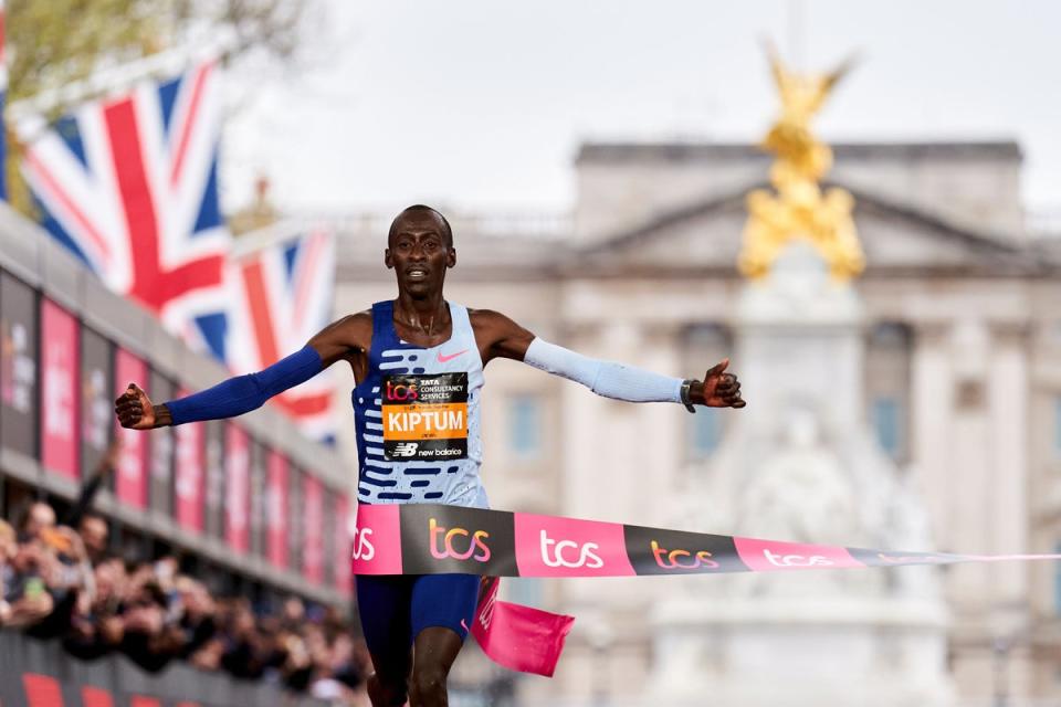 Kelvin Kiptum winning the men’s London Marathon in 2023 (PA Wire)