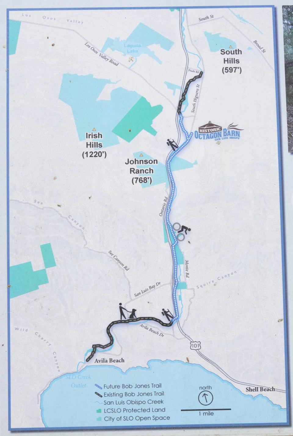 A map shows the plan for the full Bob Jones Trail with the missing piece between the Octagon Barn in San Luis Obispo and the parking lot on Ontario Road.