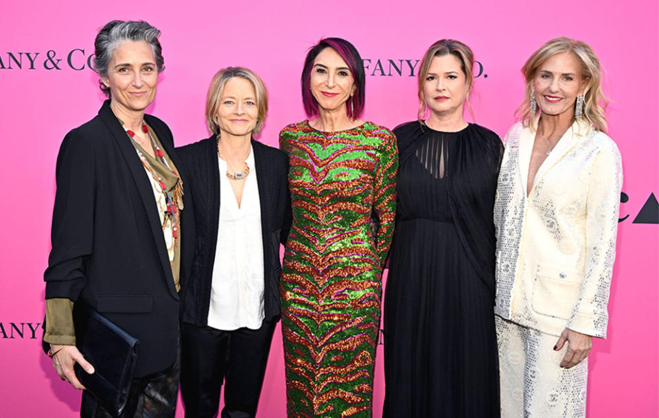 Alexandra Hedison, Jodie Foster, Maria Seferian, MOCA Board Chair, Johanna Burton, The Maurice Marciano Director, MOCA and Carolyn Clark Powers, President, MOCA Board of Trustees, attend MOCA Gala 2023 at The Geffen Contemporary at MOCA on April 15, 2023 in Los Angeles, California.