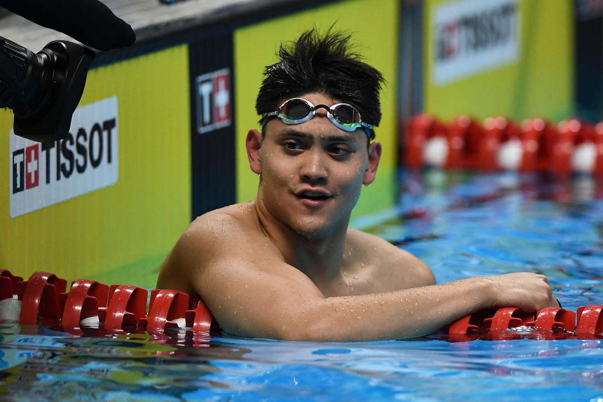 JAKARTA, INDONESIA - AUGUST 23:  Joseph Isaac Schooling of Singapore reacts after winning Men's 50m Butterfly final match on day five of the Asian Games on August 23, 2018 in Jakarta, Indonesia.  (Photo by Robertus Pudyanto/Getty Images)