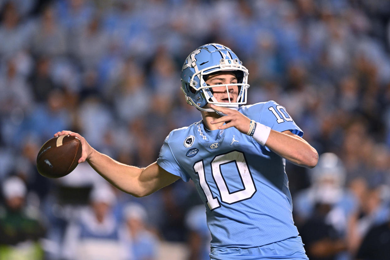 North Carolina quarterback Drake Maye staying put next season despite rumors of offers from other schools. Maye said those rumors were false. (Photo by Grant Halverson/Getty Images)