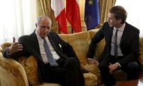 French Foreign Minister Laurent Fabius (L) and Austrian Foreign Minister Sebastian Kurz wait for the start of a bilateral meeting in Palais Coburg, the venue for nuclear talks in Vienna, Austria, July 2, 2015. REUTERS/Leonhard Foeger