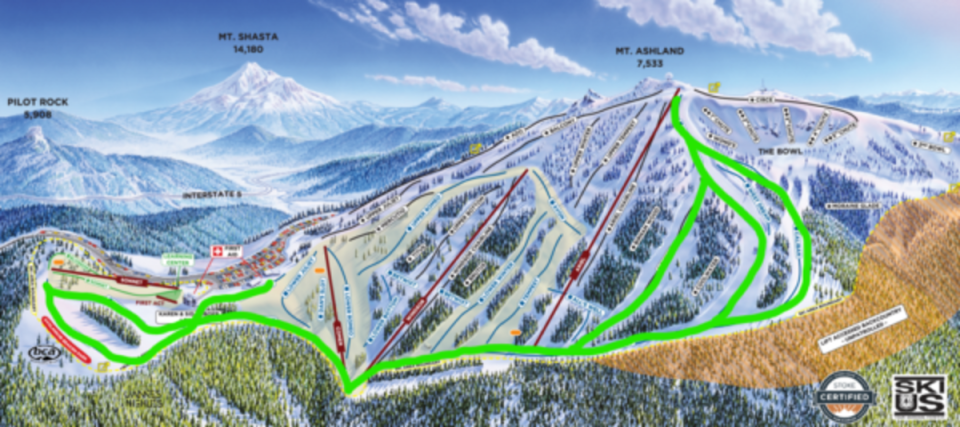 Mt. Ashland uphill routes (green). Open from 5:30am – 8:30am.