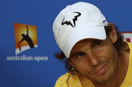 Spain's Rafael Nadal reacts during a news conference after losing his first round match against Spain's Fernando Verdasco at the Australian Open tennis tournament at Melbourne Park, Australia, January 19, 2016. REUTERS/Jason O'Brien