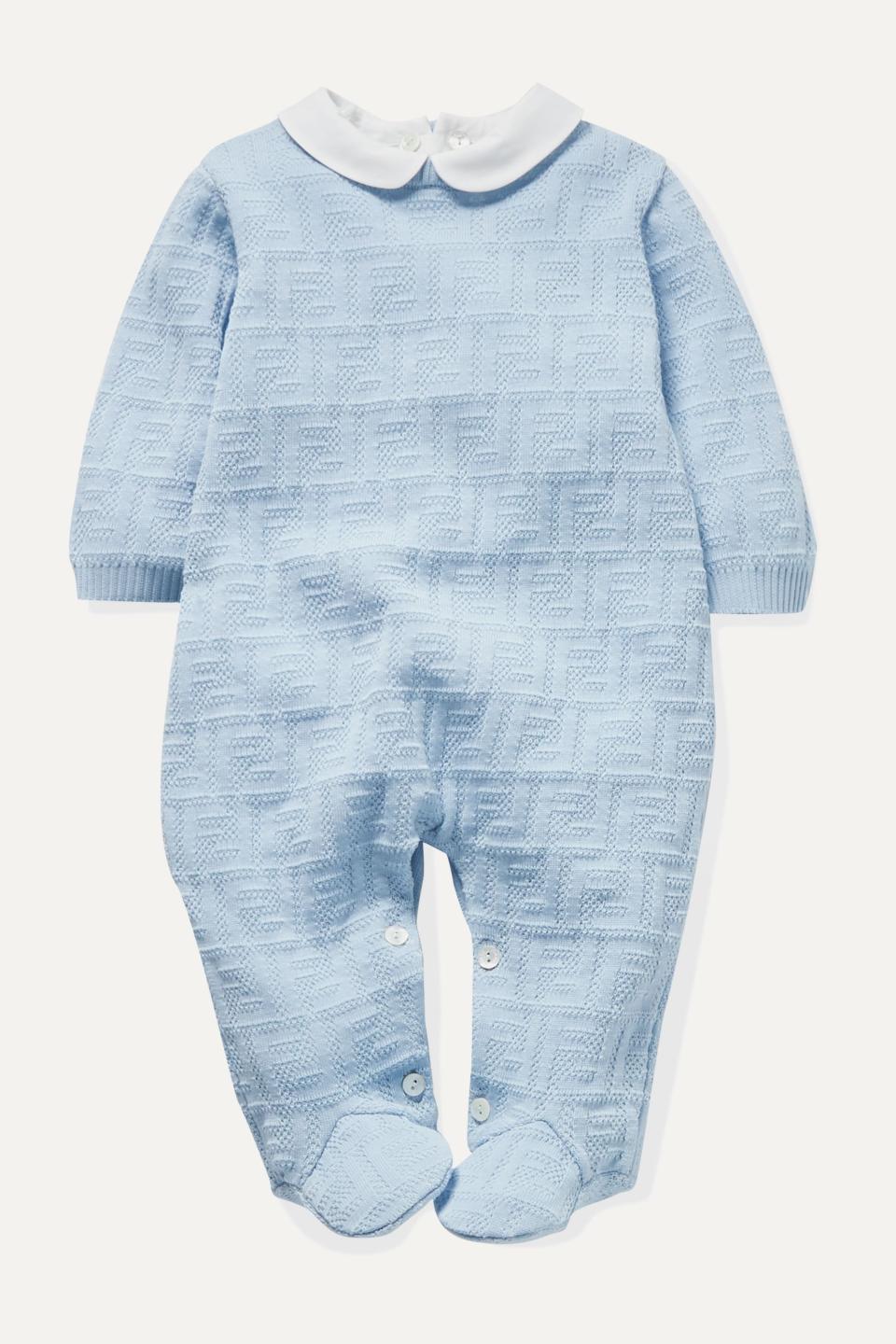 16) Months 1 - 9 poplin-trimmed jacquard-knit onesie