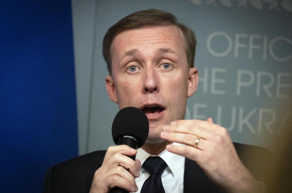 White House national security adviser Jake Sullivan, holds a presser with Andriy Yermak, Head of the Office of the President of Ukraine in Kyiv, Ukraine, Friday, Nov. 4, 2022. (AP Photo/Efrem Lukatsky)