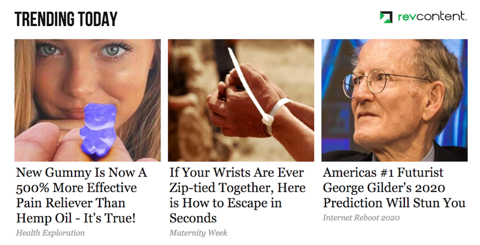 These are examples of native ads found on news websites. They imitate the look and feel of links to news articles and often contain clickbait, scams and questionable products. Screenshot by Eric Zeng