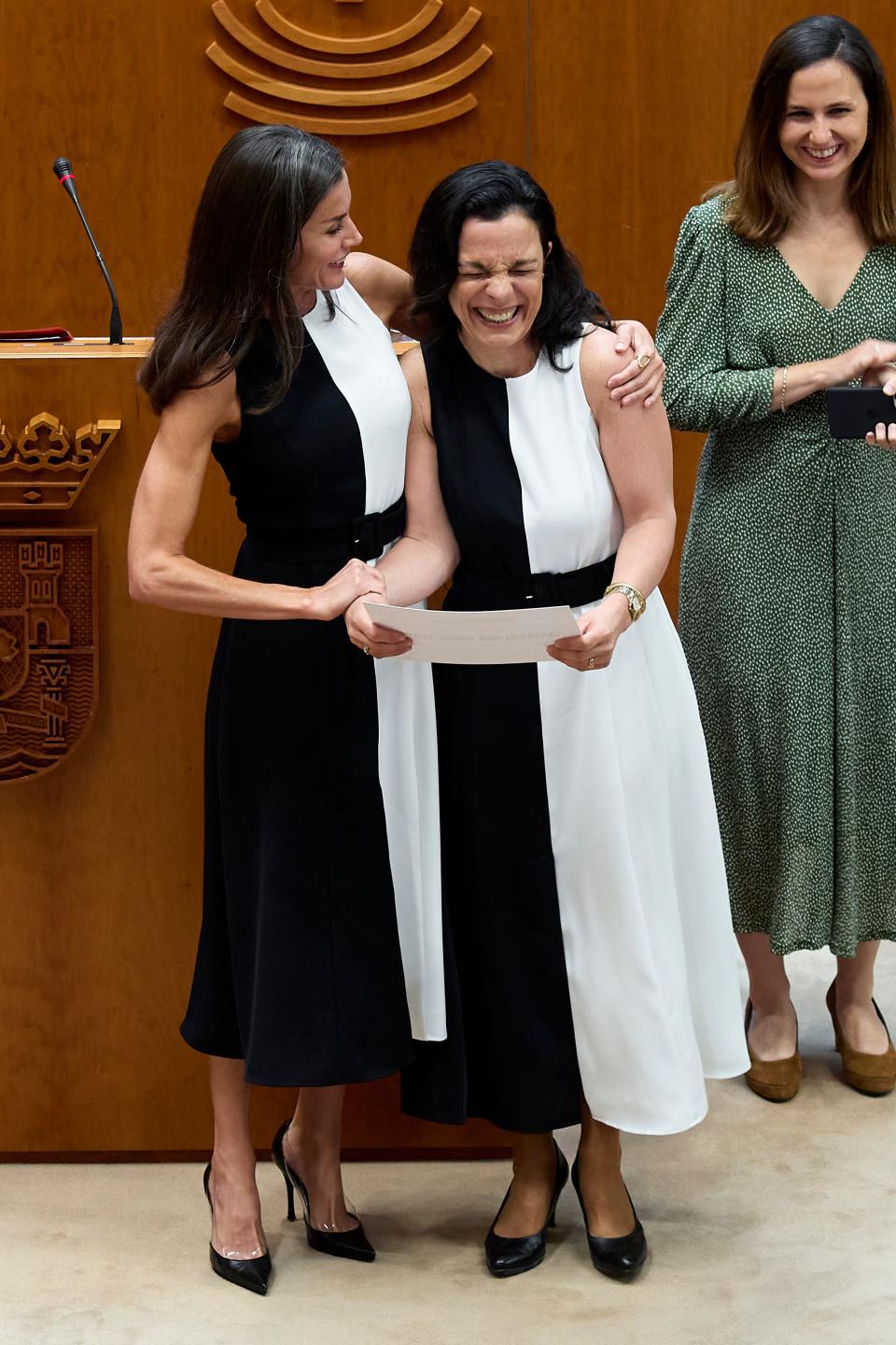 Queen Letizia of Spain (L) and Inmaculada Vivas Teson (R) attend the 'Reina Letizia 202' awards at the Asamblea de Extremadura on May 04, 2022 in Merida, Spain.