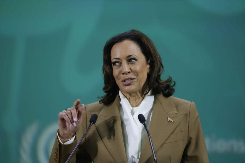 Vice President Kamala Harris, speaks during the Summit on Methane and Other Non-CO2 Greenhouse Gases on day three of the COP28 climate conference at Expo City in Dubai, United Arab Emirates, on Saturday, Dec. 2, 2023. 