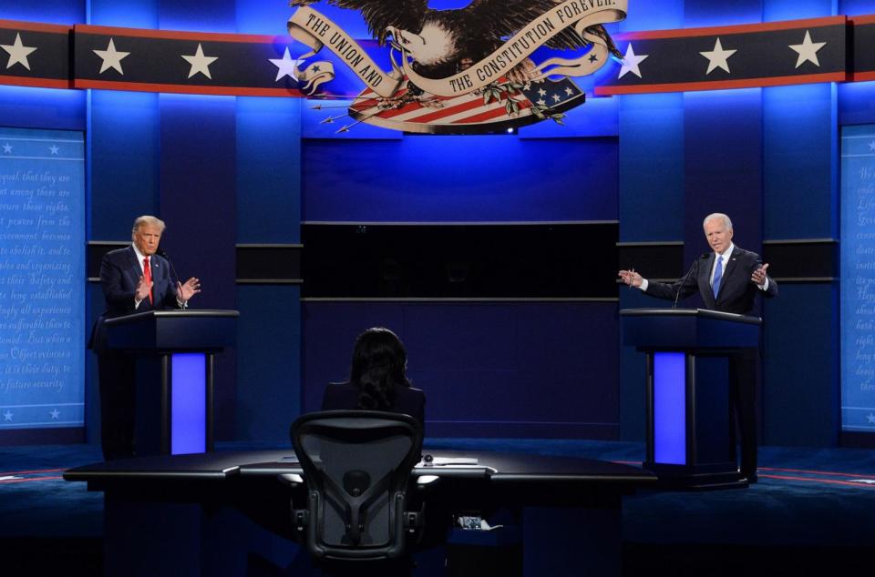 PHOTO: Joe Biden, 2020 Democratic presidential nominee, right, and U.S. President Donald Trump speak during the U.S. presidential debate, Oct. 22, 2020, Nashville, Tenn. (Kevin Dietsch/UPI/Bloomberg via Getty Images, FILE)