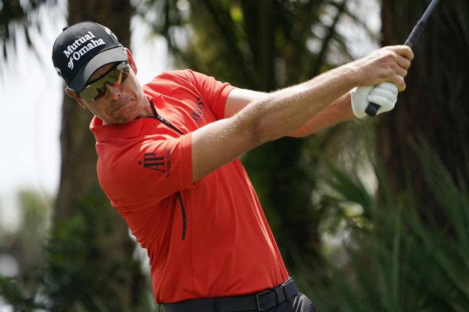 Henrik Stenson, of Sweden, hits from the second tee during a practice round of the Honda Classic golf tournament, Wednesday, March 17, 2021, in Palm Beach Gardens, Fla. (AP Photo/Marta Lavandier)