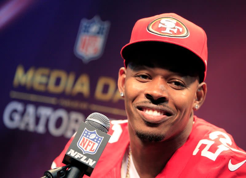 FILE PHOTO: San Francisco 49ers cornerback Carlos Rogers addresses journalists during Media Day for the NFL's Super Bowl XLVII in New Orleans