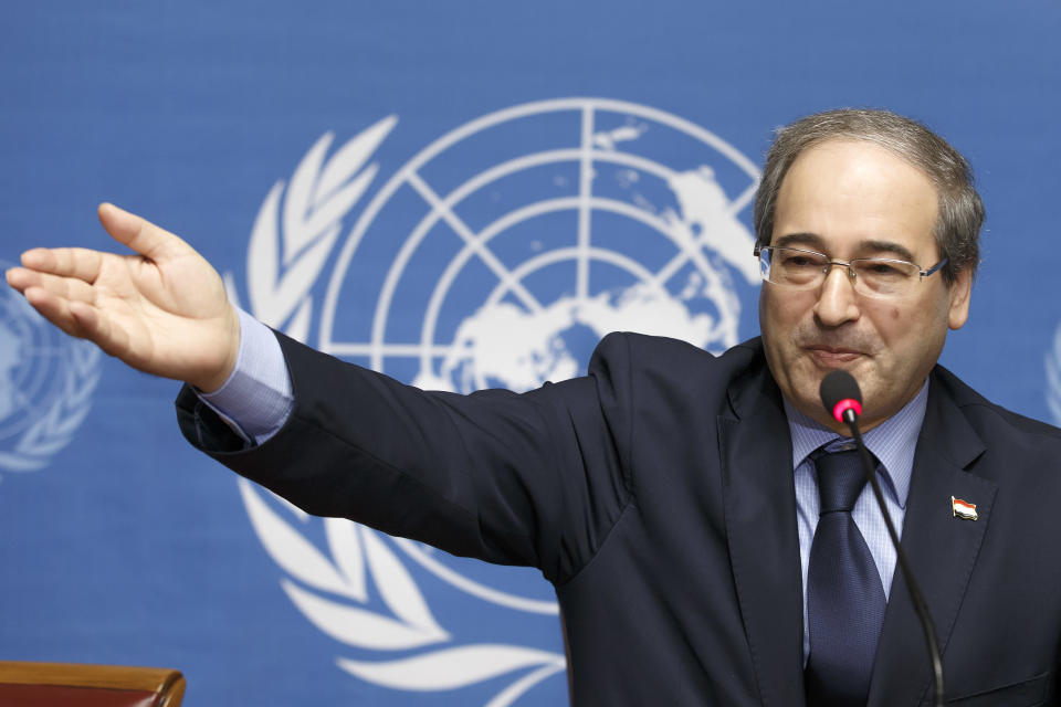 Syrian Deputy Foreign Minister Faisal Meqdad speaks to the media during a news conference after the second round of negotiations between the Syrian government and the opposition at the European headquarters of the United Nations, in Geneva, Switzerland, Friday, Feb. 14, 2014. (AP Photo/Keystone, Salvatore Di Nolfi)