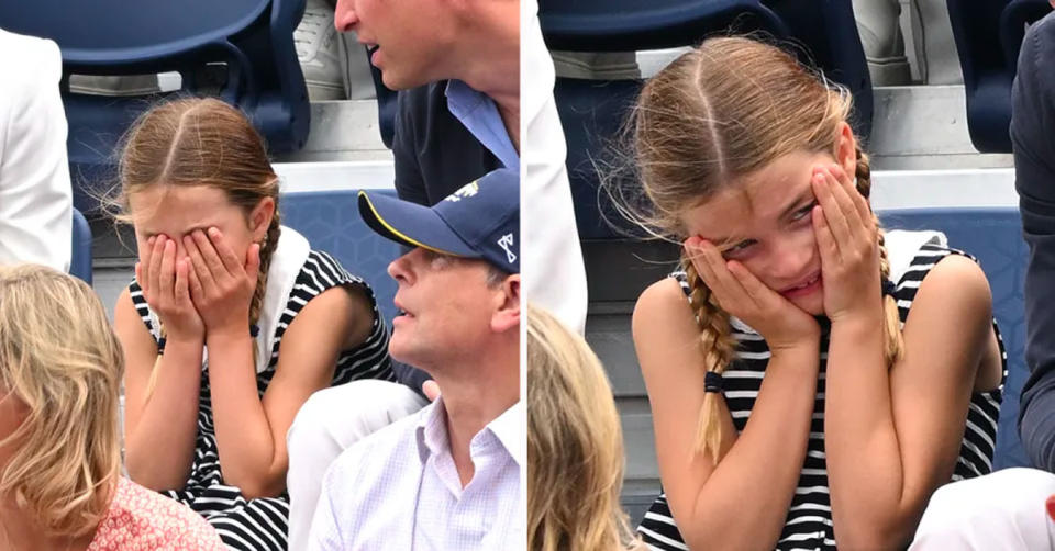 Two photos of Princess Charlotte covering her face with her hands