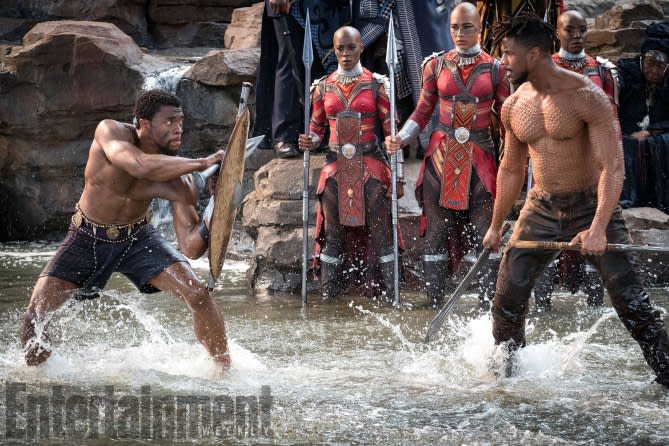 Chadwick Boseman's T'Challa does battle with Michael B Jordan's Erick Killmonger (Credit: Entertainment Weekly, Matt Kennedy/Marvel Studios)