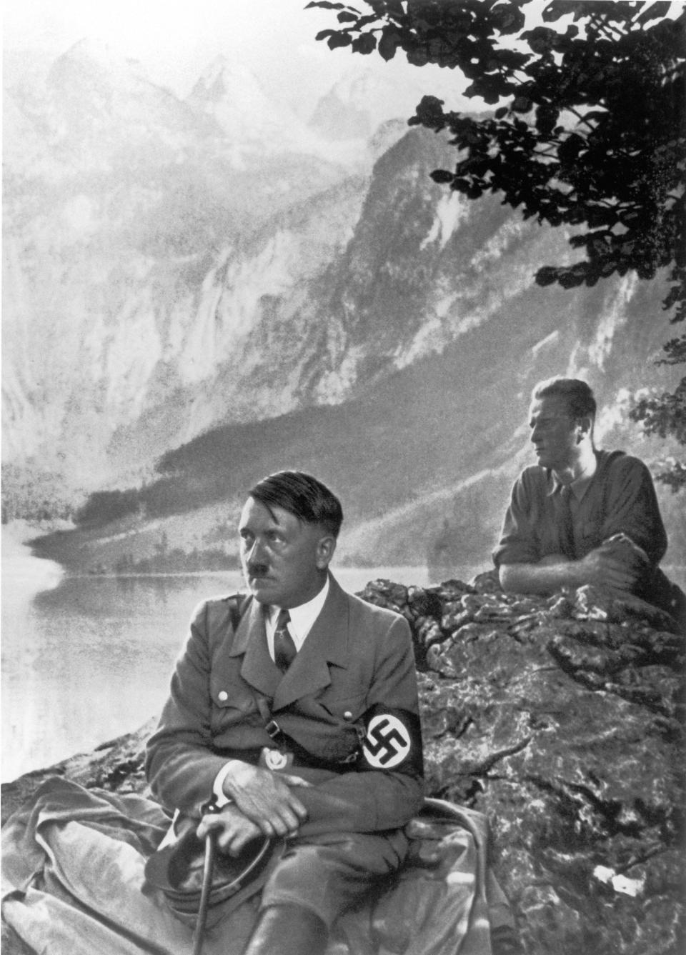 GERMANY - JANUARY 01:  Adolf HITLER posing on the banks of a lake near his chalet at Berchtesgaden, in the Bavarian Alps, in the 1930's.  (Photo by Keystone-France/Gamma-Keystone via Getty Images)