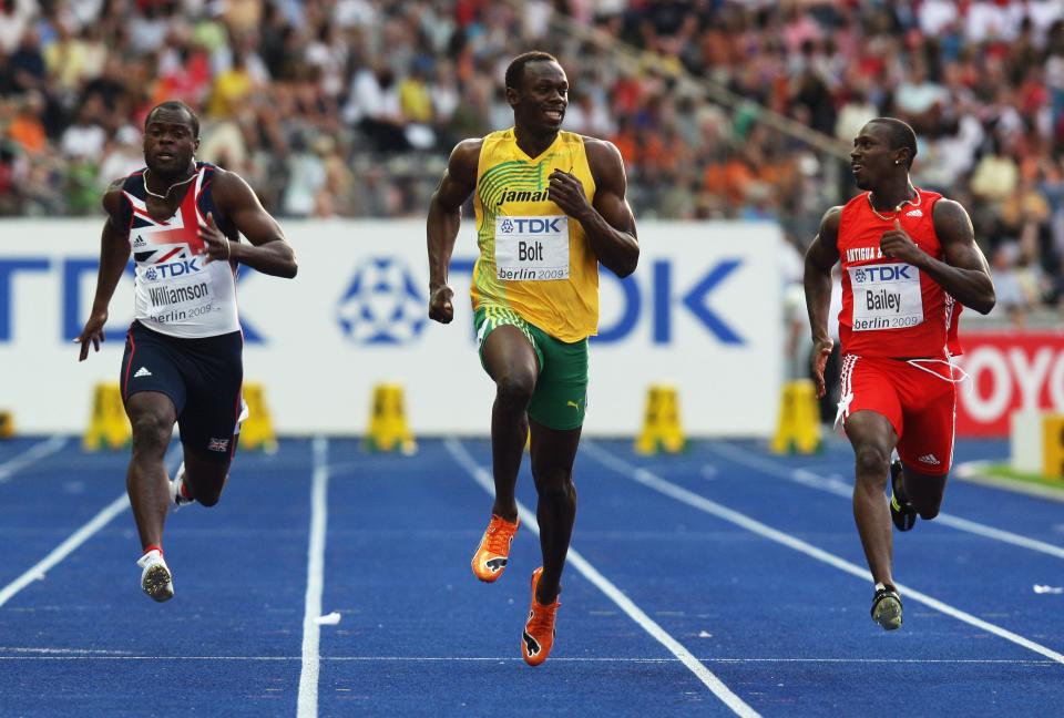 Jamaican track star Usain Bolt broke the world record in the 100 meters at the World Athletic Championships in Berlin in 2009. Bolt ran the 100 meters in 9.58 seconds, breaking his own world record of 9.69 seconds he set a year earlier at the 2008 Beijing Olympic Games.