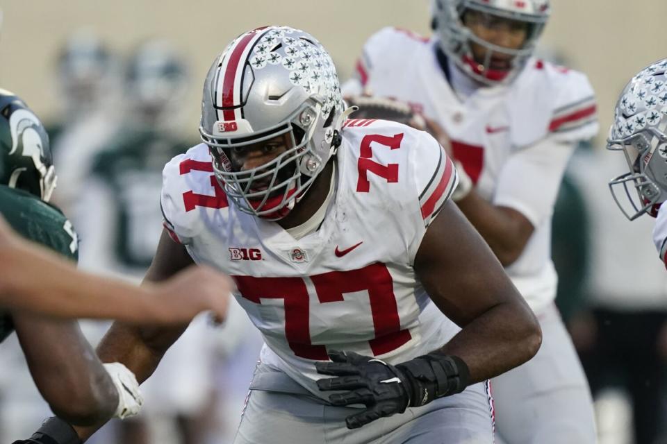 Ohio State offensive lineman Paris Johnson Jr. plays against Michigan State in October.