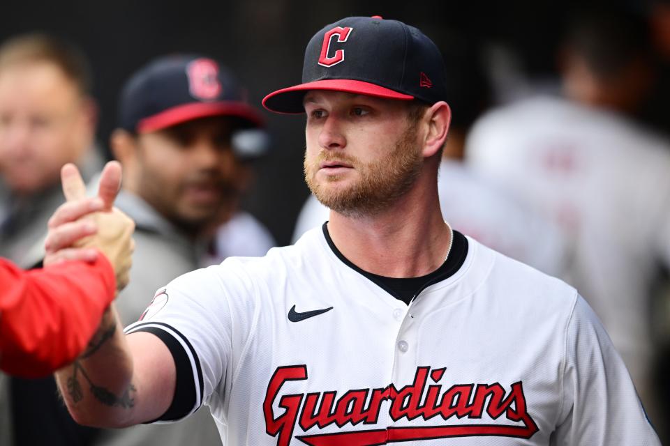 Cleveland Guardians starting pitcher Ben Lively (39) celebrates against the Los Angeles Angels on May 4 in Cleveland.