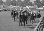 FILE - In this May 7, 1977, file photo, Seattle Slew, with Jean Cruguet up, crosses finish line to win the Kentucky Derby horse race at Churchill Downs in Louisville, Ky. Run Dusty Run, left of Seattle Slew, finished second, and Sanhedrin, just to right of Seattle Slew, finished third. Secretariat is the early 7-2 favorite for this weekend’s virtual Kentucky Derby, an animated race pitting all 13 Triple Crown winners on the day the Derby would have been held before the coronavirus pandemic postponed it. Citation, who won the 1948 Triple Crown, was made the 4-1 second choice. Seattle Slew and Affirmed, the 1977 and '78 Triple Crown winners, were each listed at 5-1 odds. (AP Photo/File)