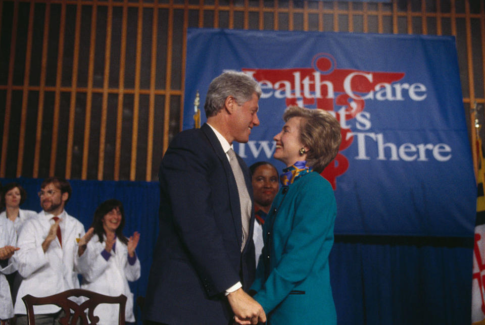 President Bill and First Lady Hillary Clinton strike a pose at an event promoting their proposed national health care plan. | Wally McNamee—Corbis via Getty Images