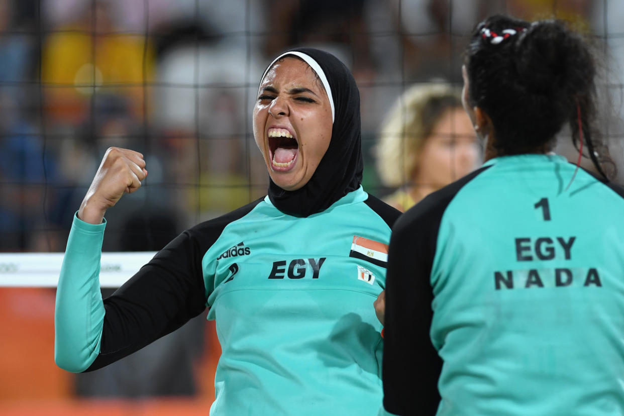 Doaa Elghobashy of Egypt reacts during a Women's Beach Volleyball preliminary game. (Photo: Getty Images)