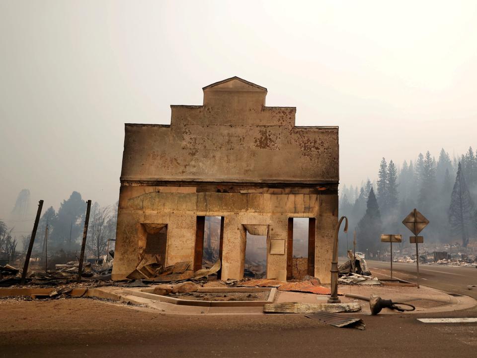 Front of a Greenville building that was burned down by the Dixie Fire in California.