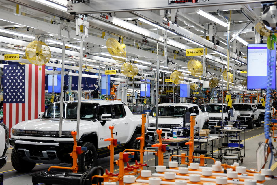 Hummer EV are seen on the production line as U.S. President Joe Biden tours the General Motors 'Factory ZERO' electric vehicle assembly plant, in Detroit, Michigan, U.S. November 17, 2021. REUTERS/Jonathan Ernst