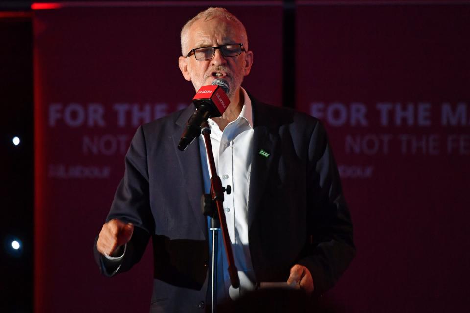 Britain's main opposition Labour Party leader Jeremy Corbyn speaks during a rally in Liverpool (AFP via Getty Images)