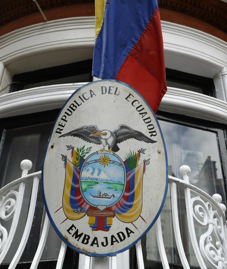 An external shot of the Ecuadorian Embassy in London, after WikiLeaks founder Julian Assange was arrested by officers from the Metropolitan Police and taken into custody Thursday April 11, 2019. Police in London say they've arrested WikiLeaks founder Julian Assange at the Ecuadorean embassy on a court warrant dating back to 2012. (AP Photo/Matt Dunham)