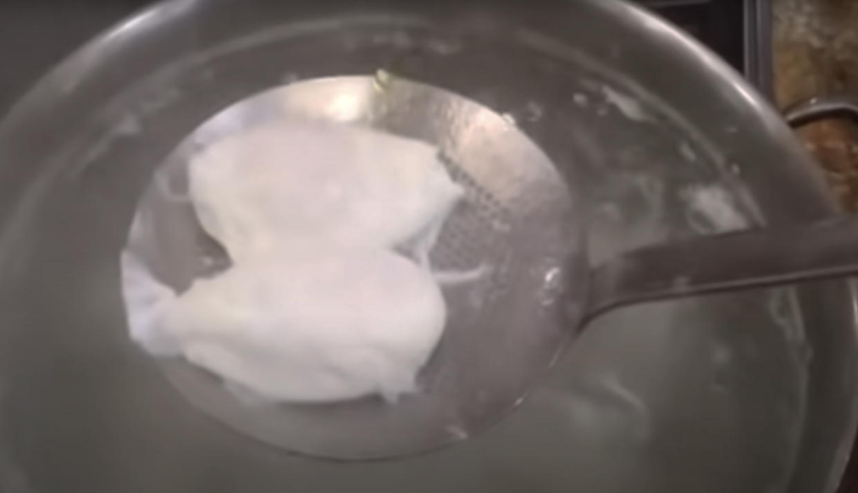 After a quick boil, the egg whites turn opaque. (Youtube)