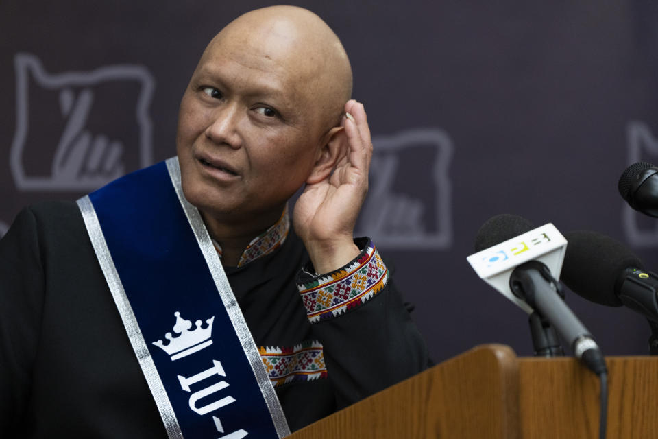 Cheng "Charlie" Saephan listens to a question from the media during a press conference after it was revealed that he was one of the winners of the $1.3 billion Powerball jackpot at the Oregon Lottery headquarters on Monday, April 29, 2024, in Salem, Ore. (AP Photo/Jenny Kane)