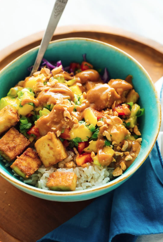 Mango Burrito Bowls with Crispy Tofu and Peanut Sauce