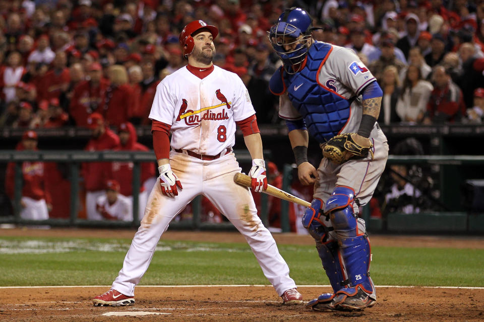 ST LOUIS, MO - OCTOBER 27: Nick Punto #8 of the St. Louis Cardinals reacts after striking out in the fourth inning during Game Six of the MLB World Series against the Texas Rangers at Busch Stadium on October 27, 2011 in St Louis, Missouri. (Photo by Ezra Shaw/Getty Images)