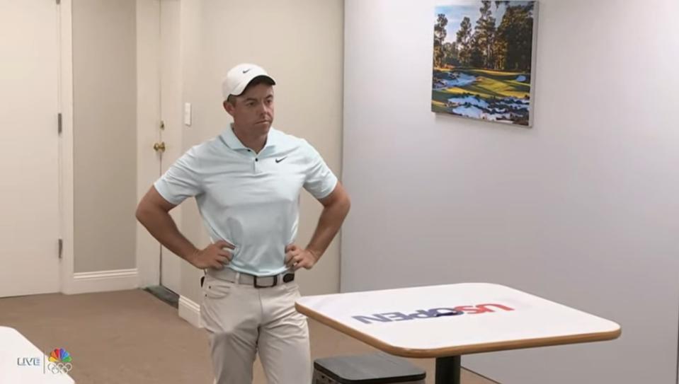 Rory McIlroy watches from the scoring tent as Bryson DeChambeau capitalizes on his mistake to win the US Open.  (NBC)