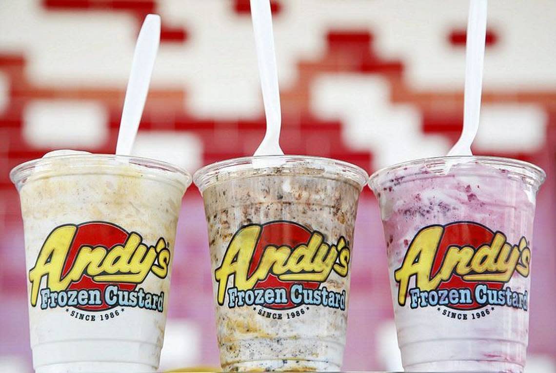 Andy’s Frozen Custard Concretes include peanut butter, BootDaddy (blended with Oreo cookies, creme caramel and hot fudge) and raspberry flavors.