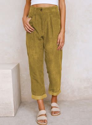 A pair of corduroy pants with a balloon silhouette