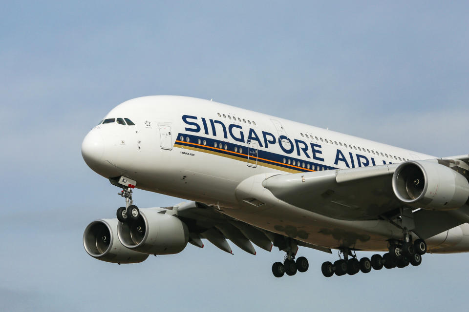 Singapore Airlines Airbus A380, specifically A380-841 aircraft as seen on final approach landing at New York JFK, John F. Kennedy International Airport on 14 November 2019. The wide-body, double-decker long haul airplane has the registration 9V-SKJ and is powered by 4x RR ( Rolls Royce ) jet engines. Singapore SQ, SIA is the flag carrier airline of Singapore, with a base in its hub Changi Airport SIN WSSS, a member of Star Alliance aviation alliance. The airline has been awarded by Skytrax as Best Airline of the World. (Photo by Nicolas Economou/NurPhoto via Getty Images)