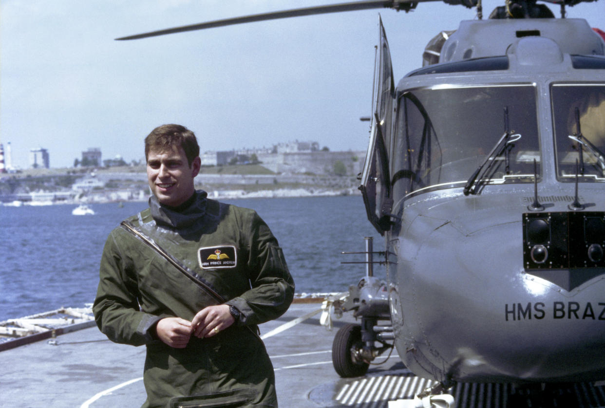 Prince Andrew serving aboard HMS Brazen as a flight pilot during the ship's deployment to the Mediterranean Sea as part of Standing NRF Maritime Group 2.   (Photo by PA Images via Getty Images)