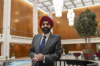 World Bank President Ajay Banga poses for a portrait after an interview with The Associated Press, Tuesday, April 16, 2024, at the World Bank in Washington. (AP Photo/Jacquelyn Martin)