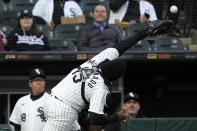 Chicago White Sox catcher Martin Maldonado misses the catch a foul ball hit by Atlanta Braves' Ronald Acuna Jr., during the first inning of a baseball game in Chicago, Tuesday, April 2, 2024. (AP Photo/Nam Y. Huh)