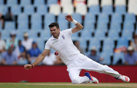 England's James Anderson fields his delivery during the fourth cricket test match against South Africa in Centurion, South Africa, January 22, 2016. REUTERS/Siphiwe Sibeko