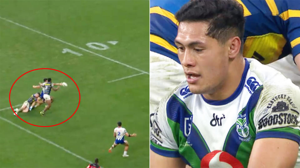 The NRL has defended the call to award a potentially match-winning pass forward, which cost the Warriors the match against the Eels. (Images: Fox Sports)